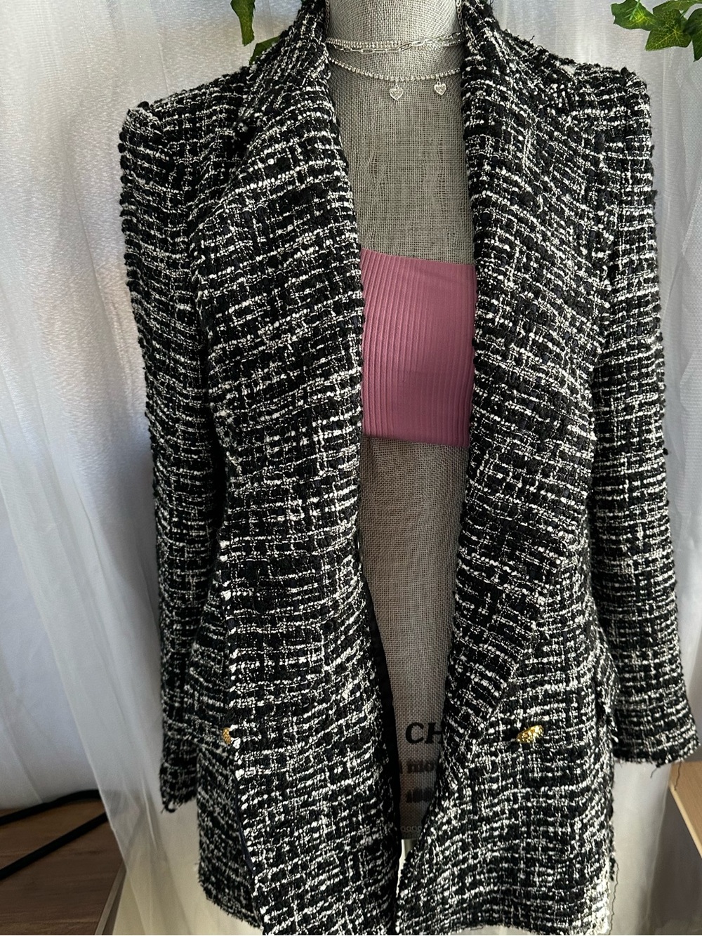 Black & White Tweed Double-Breasted Women's Blazer Coat - Picture 2 of 4